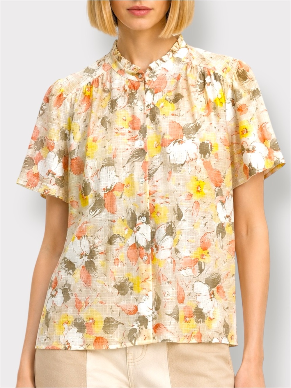 Vintage D’Alliard’s Floral Ruffle Collar Blouse Peach Yellow Cottagecore Top M